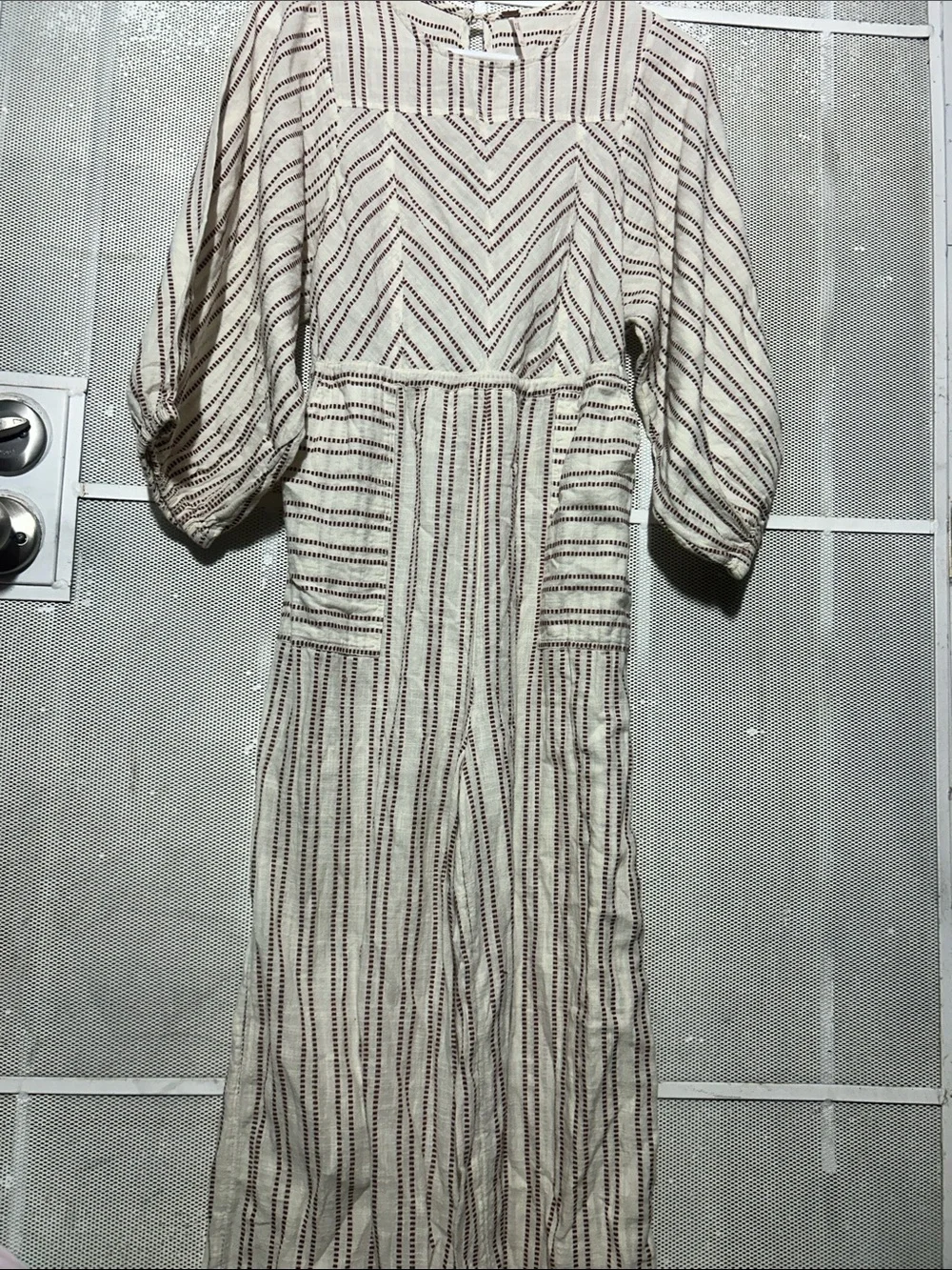 Free People Cream Jumpsuit with Burgundy Stripes